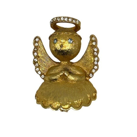 Jewelry - Vintage UltraCraft Gold Angel Brooch Pin Blue Crystal Eyes Rhinestone Halo Wings